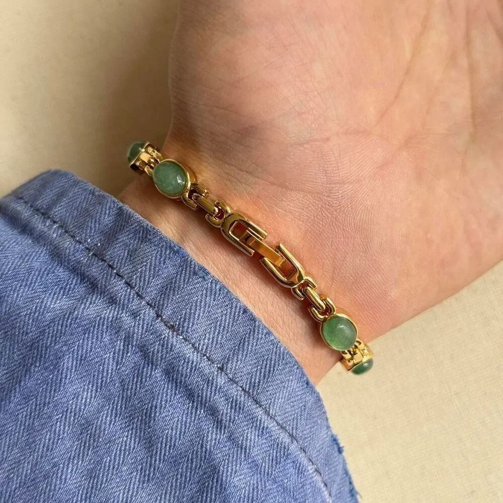 y2k cute gold round stainless steel quartz green stone charm watch